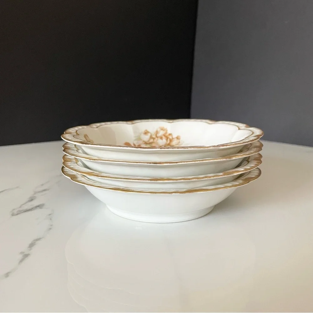 SET of 4 Brown Rose Bowls with Gold Trim 6.25